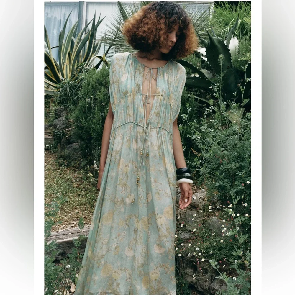 Bohemian Tie-Front Maxi Dress in Sage with Gold Floral - Picture 6 of 15